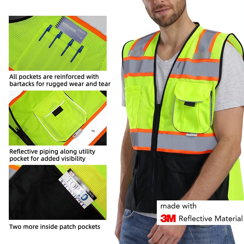 Dib Safety Vest Reflective with Pockets and Zipper, High Visibility Mesh ANSI Class 2, Made with 3M Reflective Tape, Yellow and Black XL - Image 3